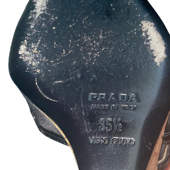 PRADA Black Satin Concho Wedges Sandals Size 5.5 - Picture 8 of 10